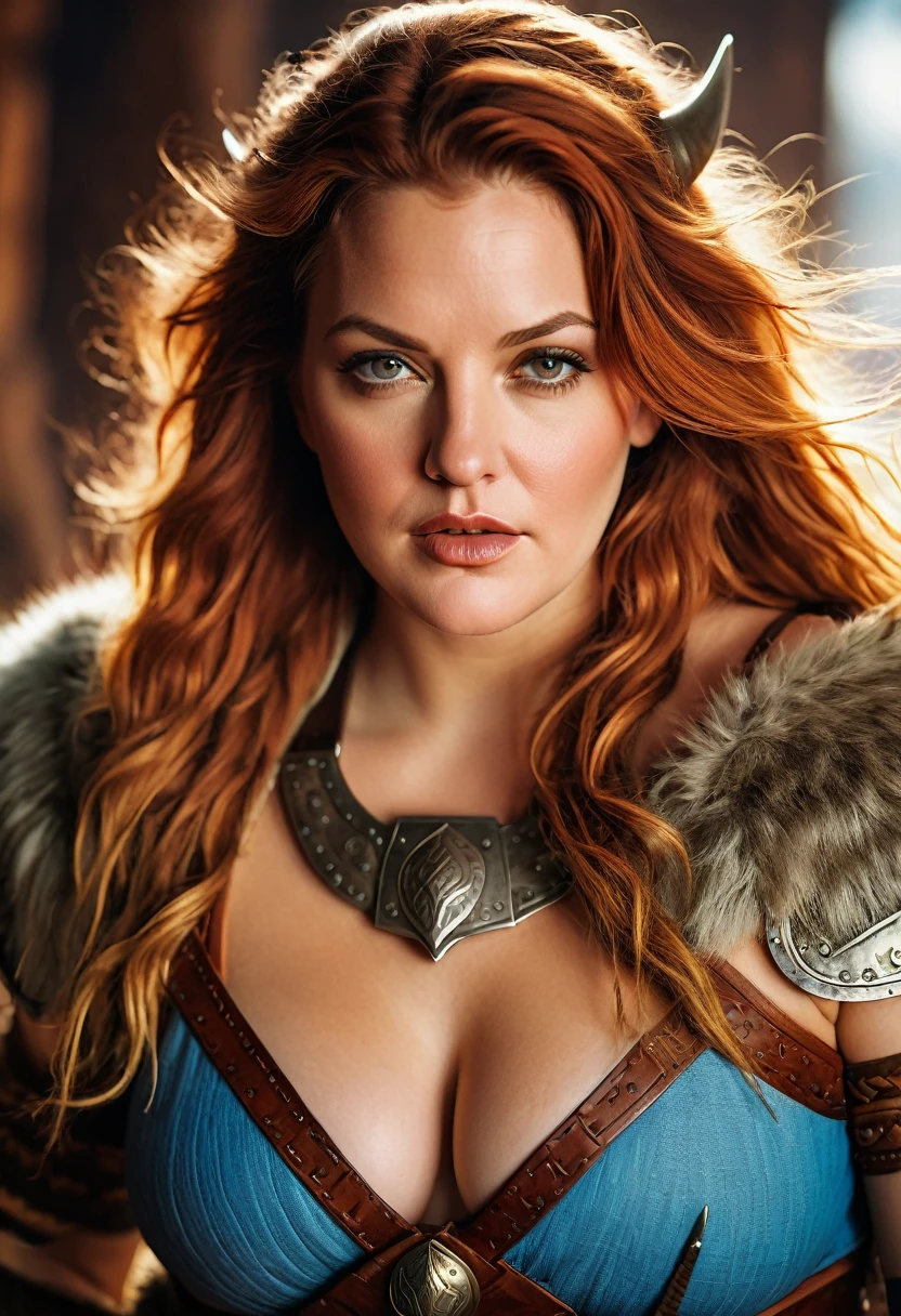 Looks like Drew Barrymore, A stunning intricate full color portrait of (sks woman:1) as (viking warrior), (barbarian), extremely seductive woman, busty outfit, perfect plus size Beauty, Barbarian warrior queen, fluffy streax hair, styled hair, epic character composition, by ilya kuvshinov, alessio albi, nina masic, sharp focus, natural lighting, subsurface scattering, f2, 35mm, film grain,