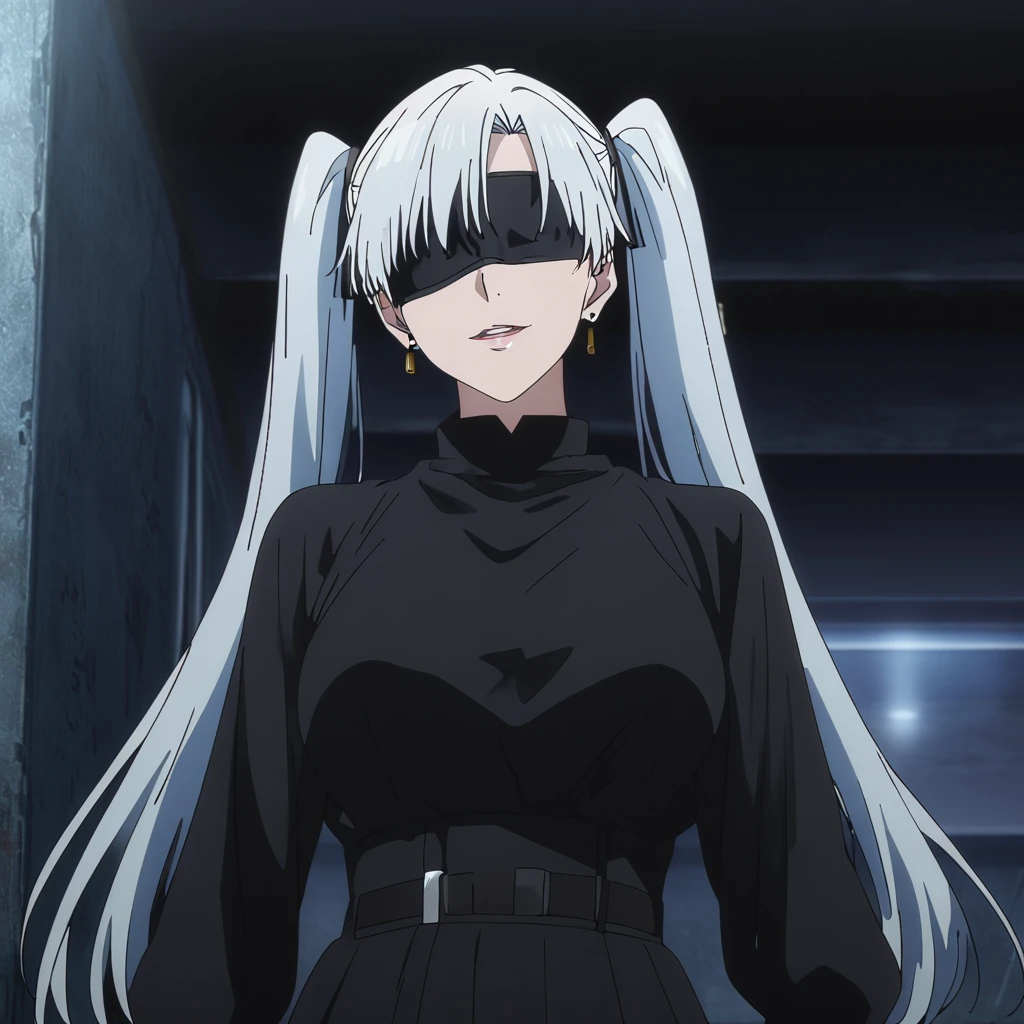 1girl, female gojo satoru, anime screencap from jujutsu kaisen, gojo satoru female version, solo, long_hair, ((Black blindfold )) ((Silver_hair, twintail )) , night view, (hanging breasts) upper_body, smile, indoors, parted lips, (long hair) ((wearing black colour outfit, glossy)) breast, "very detailed and high resolution" (Black blindfold ) ((solo)) (((front view))) (earings) ((high resolution)) ((good quality)) ((silky hair, twintail )) ((parted lips)) ((full body))