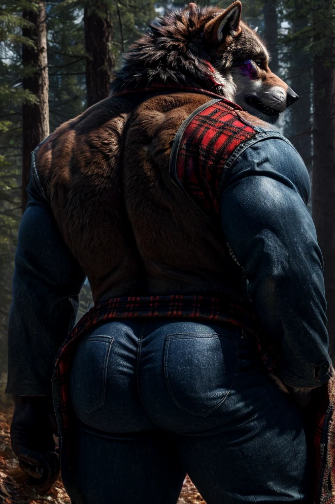 (full body shot), (realistic style), (furry), (humanoid), male wolf, full body brown fur, brown eyes, perfect muscular body, and biggest muscles, biggest pecs, biggest thighs, and biggest ass, wearing blue jeans and red plaid jacket, no shirt, realistic forest background, rear shot