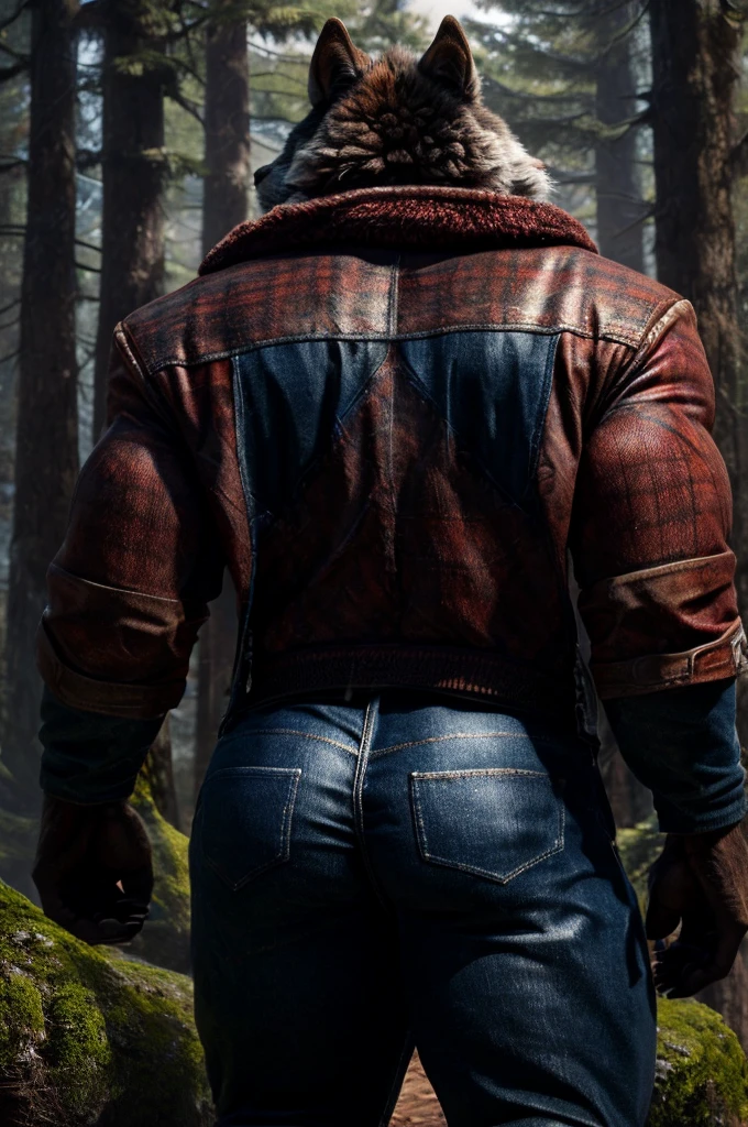 (full body shot), (realistic style), (furry), (humanoid), male wolf, full body brown fur, brown eyes, perfect muscular body, and biggest muscles, biggest pecs, biggest thighs, and biggest ass, wearing blue jeans and red plaid jacket, no shirt, realistic forest background, rear shot