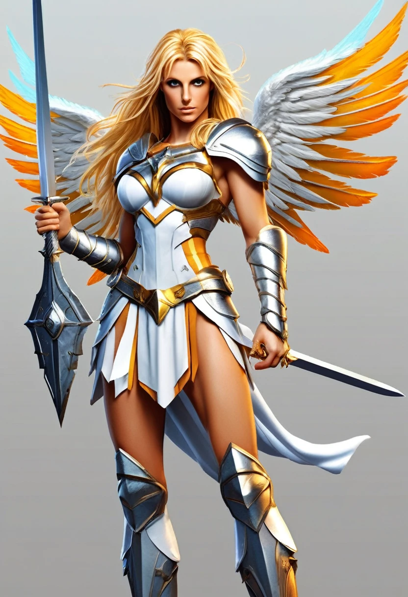 A britney spears superheroine with wings and a sword, lord of change, valkyrie style character, knights of zodiac girl, as a mystical valkyrie, mystical atlantean valkyrie, phoenix warrior, archangel, new costume concept design, comic character design, official character art, of the angel knight, coloured lineart, harpy, Design de personagem de fully body melhor qualidade, best quality masterpiece, realisitic, realisitic, Award-Winning Illustration, (Highly detailed face and skin texture), (fully body), (Complicated Detail: 1.2), (finely detail), (Complicated Detail), (cinematic lights, better quality backlight), lines sharp, sharp focus, offcial art, unity 8k wallpaper , absurdrez, unbelievably absurd, huge filesize, ultra girl , Fantasyart, RTX,((Closing-up photo by award-winning studio)), , (Shut your mouth), , perfect hands, beautiful detailed eyes, face perfect
