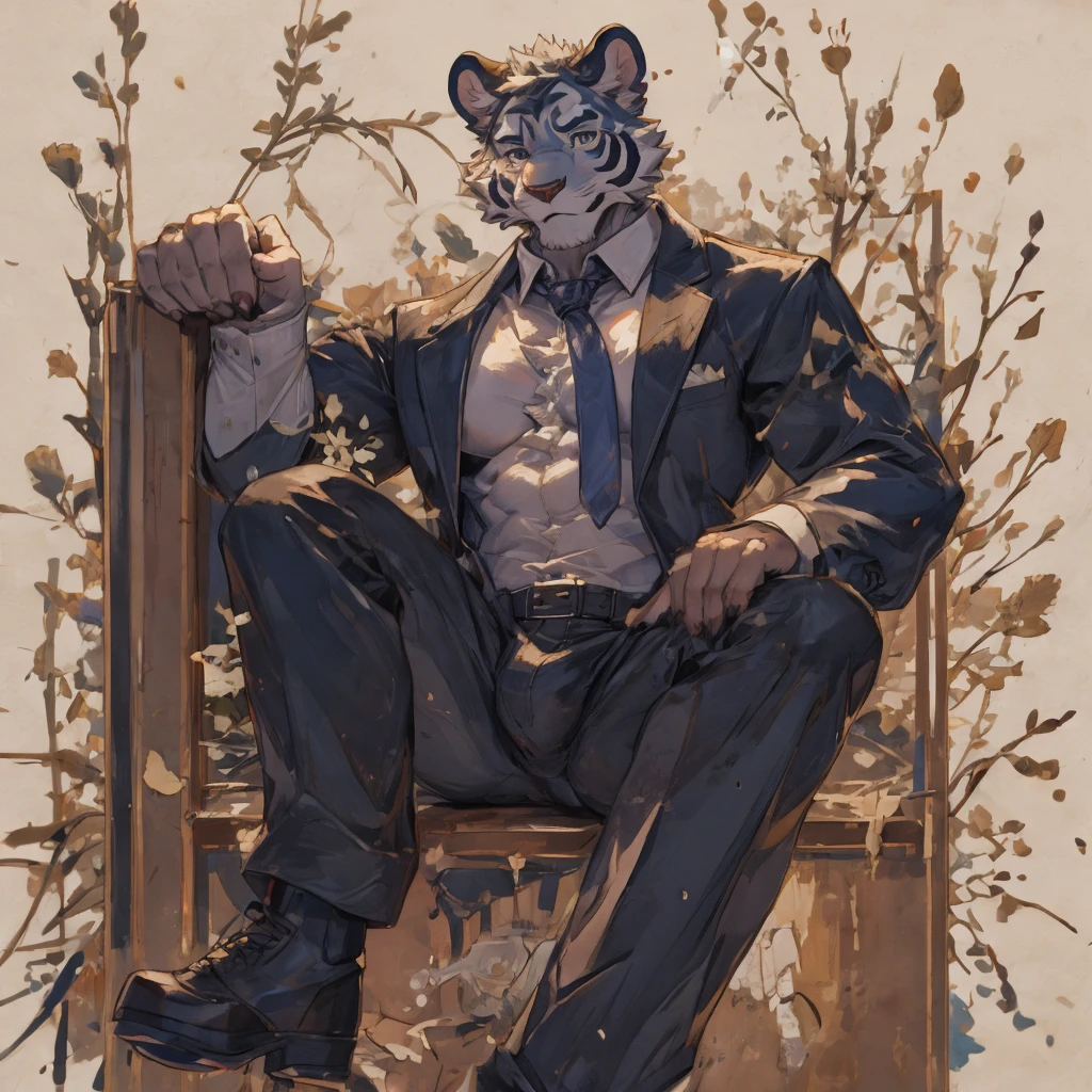 {{bara extremely handsome white tiger student,}} {{white fur,}} white, wearing blazer, trousers, white dress shirt and necktie, white fluffy furry body and limbs, loafers, very tall, very broad shoulders, narrow waist, muscular arms, massive pecs, purple eyes, very long legs, massive bulge, sophisticated hot look, 3/4 view, best quality, leaning on wall, high detail, CG image, character splash art, silver earring on left ear, sultry smirk
