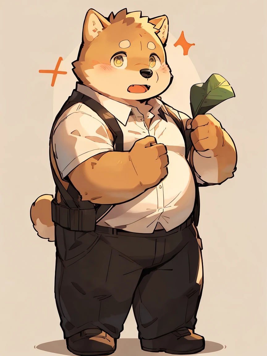 masterpiece, best quality, Perfect anatomical structure, Bright Eyes, Big watery eyes, Provided by RUHU1145, hairy, (Shiba Inu), fur(trigger:0.3),Boys, solitary,Shy,Black pants,White shirt,Black Tie,(Chubby body),