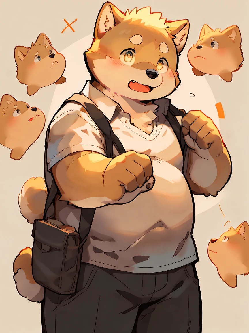 masterpiece, best quality, Perfect anatomical structure, Bright Eyes, Big watery eyes, Provided by RUHU1145, hairy, (Shiba Inu), fur(trigger:0.3),Boys, solitary,Shy,Black pants,White shirt,Black Tie,(Chubby body),