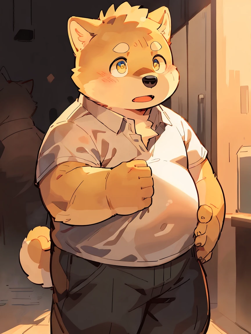 masterpiece, best quality, Perfect anatomical structure, Bright Eyes, Big watery eyes, Provided by RUHU1145, hairy, (Shiba Inu), fur(trigger:0.3)，Boys, solitary，Shy，Black pants，White shirt，Black Tie，(Chubby body)，