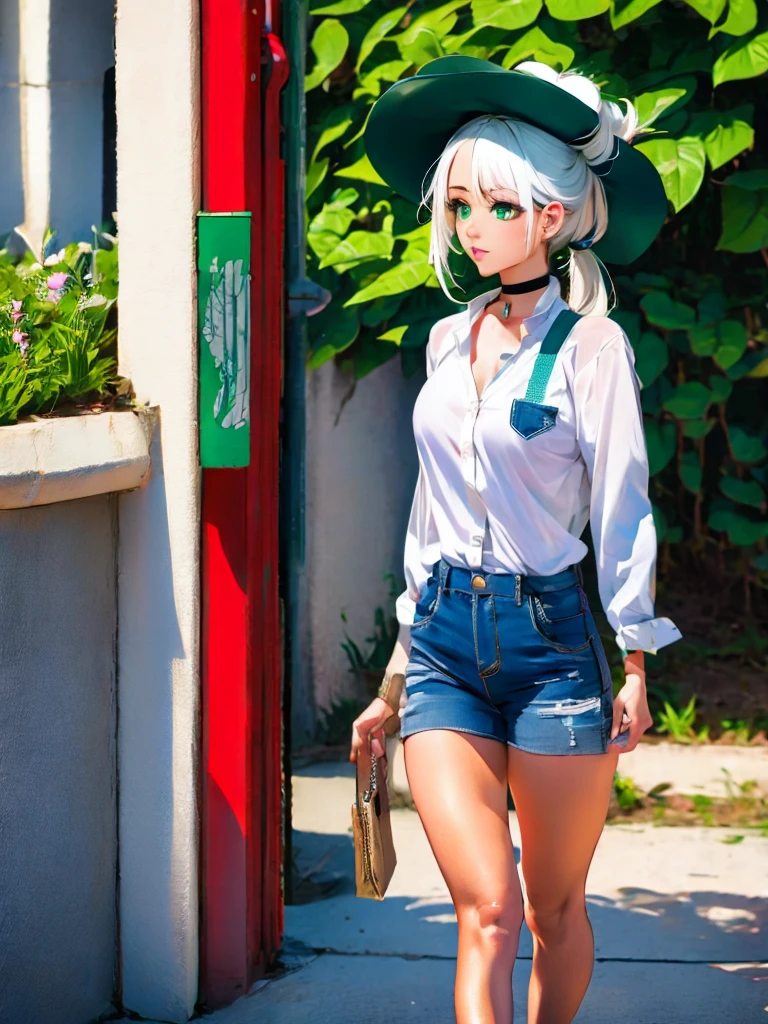 masterpiece , best quality,nahida(genshin impact), 1girl , white shirt:1.5 ,side ponytail ,white hair ,multicolored hair, green eyes,casual outfit , hat , black choker, bag , green hair,busy road , city life