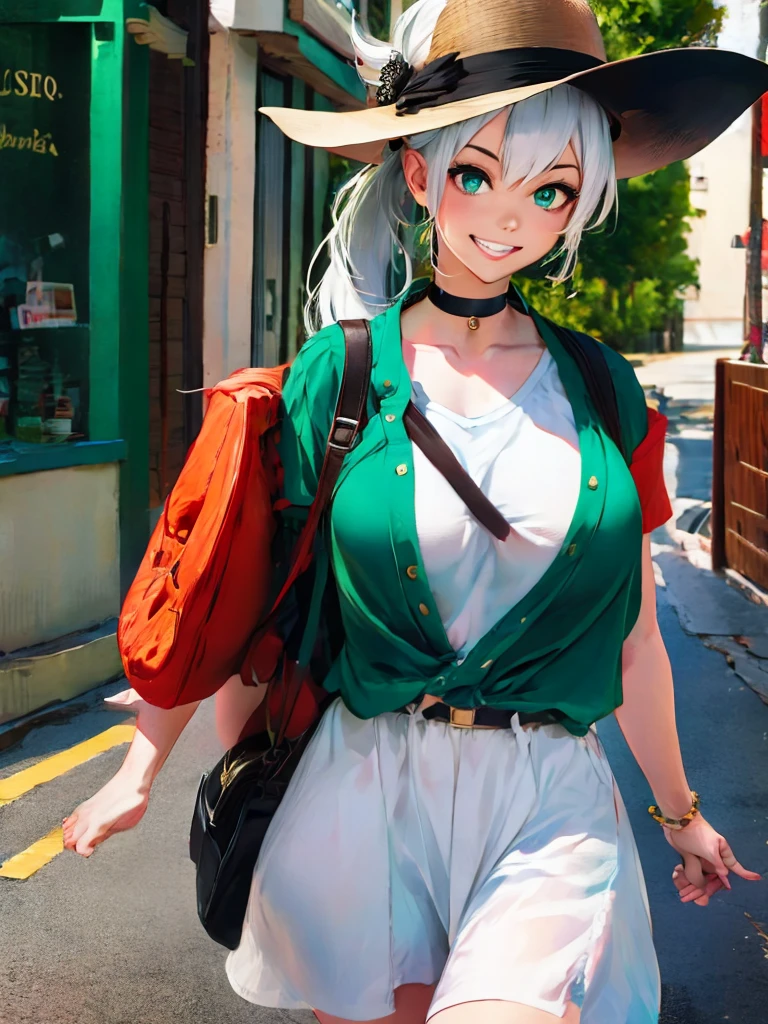 masterpiece , best quality,nahida(genshin impact), 1girl , white shirt:1.5 ,side ponytail ,white hair ,multicolored hair, green eyes,casual outfit , hat , black choker, bag , green hair,busy road , city life 