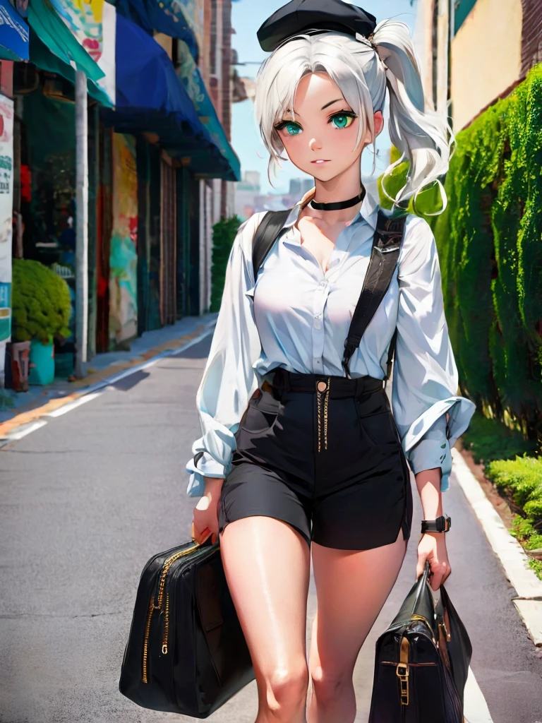 masterpiece , best quality,nahida(genshin impact), 1girl , white shirt:1.5 ,side ponytail ,white hair ,multicolored hair, green eyes,casual outfit , hat , black choker, bag , green hair,busy road , city life 