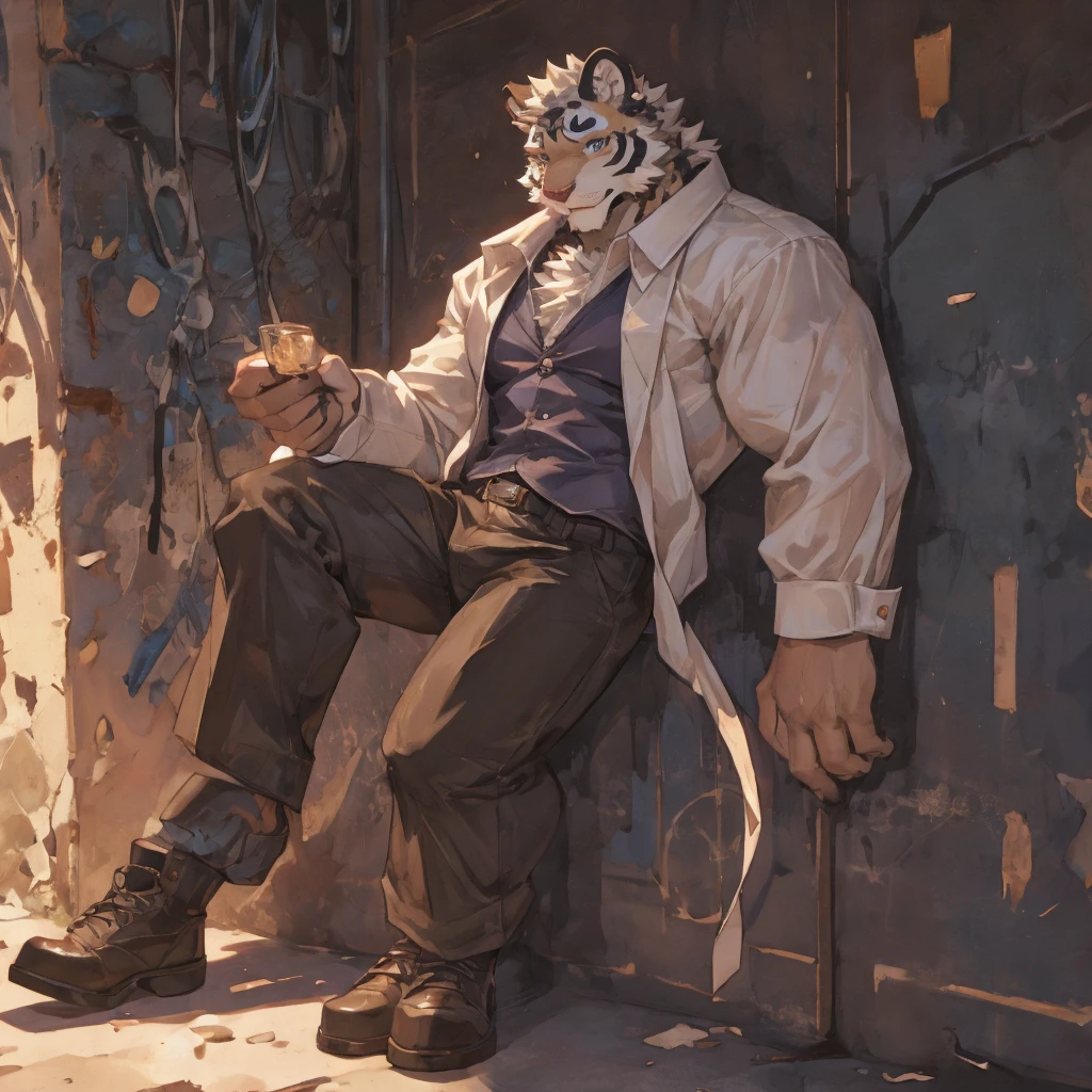 {{bara extremely handsome white tiger student,}} {{white fur,}} white, wearing blazer, trousers, white dress shirt and necktie, white fluffy furry body and limbs, loafers, very tall, very broad shoulders, narrow waist, muscular arms, massive pecs, purple eyes, very long legs, massive bulge, sophisticated hot look, 3/4 view, best quality, leaning on wall, high detail, CG image, character splash art, silver earring on left ear, sultry smirk