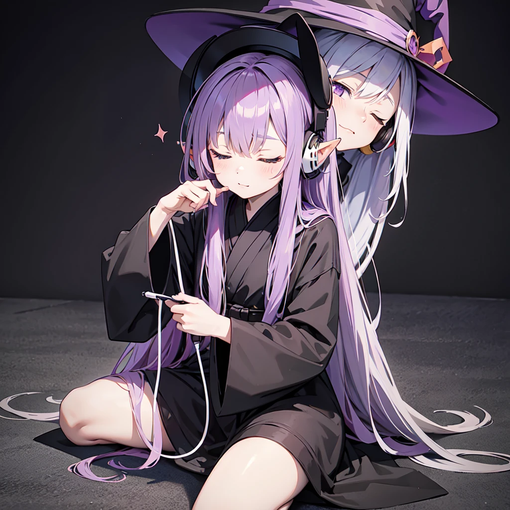 1 person. Anime girl with long purple hair and black robe. Pointy ears. Cute as in manga. Sitting with eyes closed. Headphones. Witch hat on the ground.