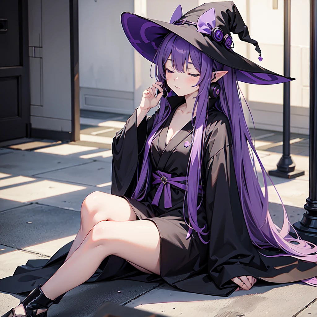 1 person. Anime girl with long purple hair and black robe. Pointy ears. Cute as in manga. Sitting with eyes closed. Headphones. Witch hat on the ground.