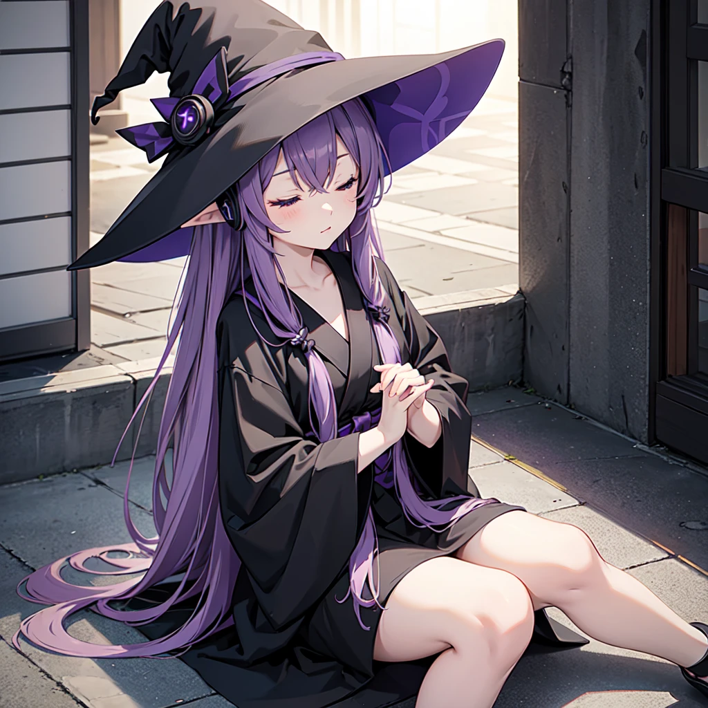 1 person. Anime girl with long purple hair and black robe. Pointy ears. Cute as in manga. Sitting with eyes closed. Headphones. Witch hat on the ground.
