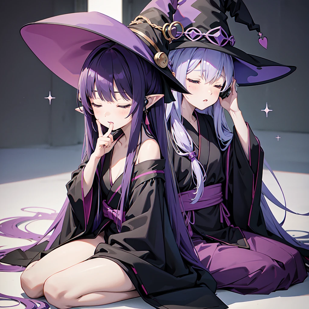 1 person. Anime girl with long purple hair and black robe. Pointy ears. Cute as in manga. Sitting with eyes closed. Headphones. Witch hat on the ground.