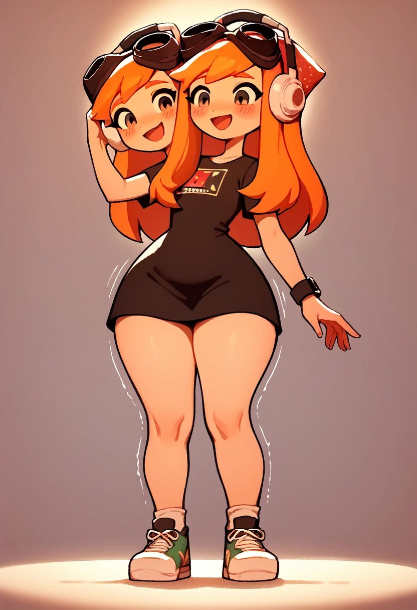 masterpiece, best quality, meggy, orange hair, headphones, goggles on head, black dress, sneakers, low angle, tall slender body, wide hips, thicc thighs, happy, blushing, out of focus background, shaking hips, dance ((two heads))