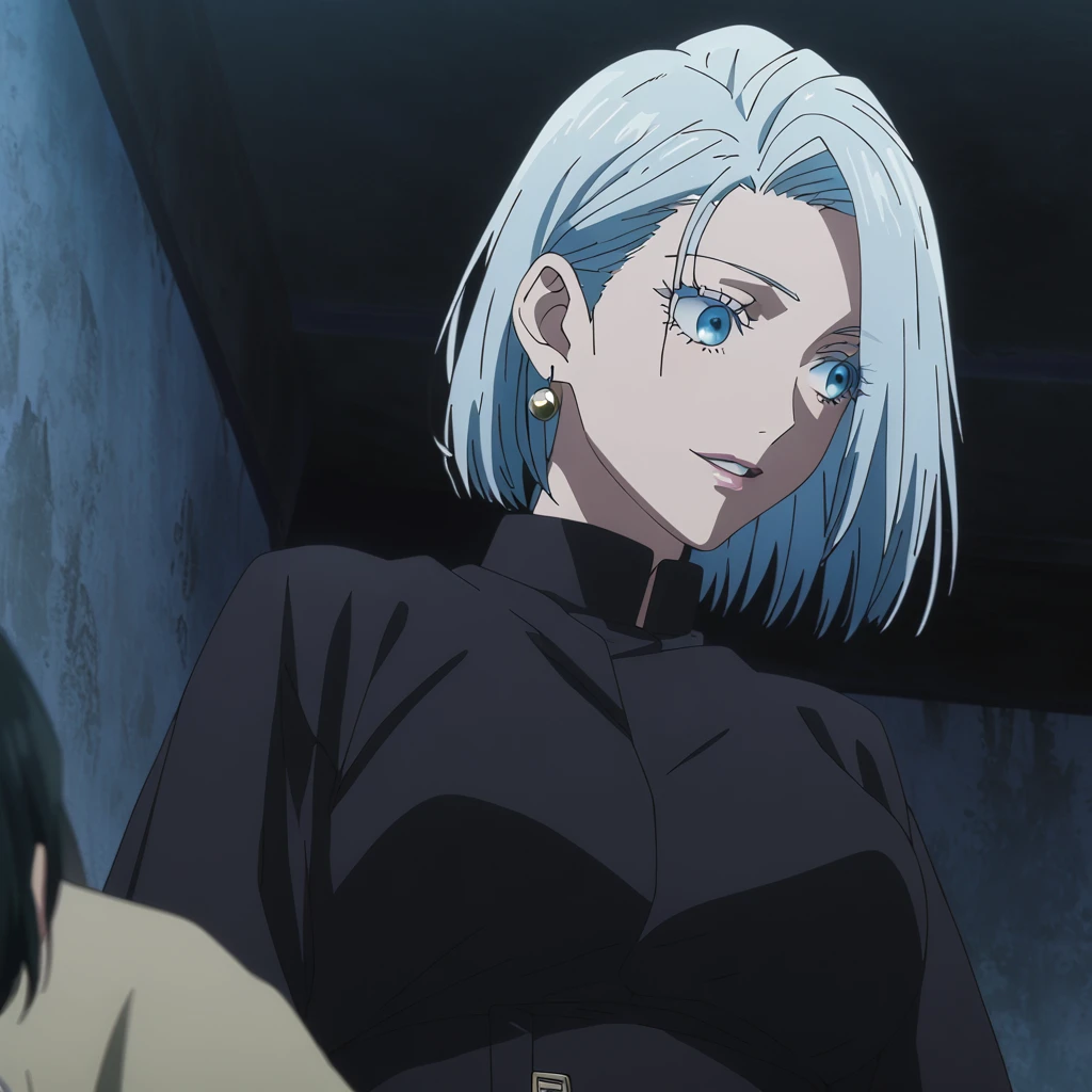 1girl, female gojo satoru, anime screencap from jujutsu kaisen, gojo satoru female version, solo, short_hair, ((Blue eyes, round sunglasses)) ((Silver_hair, hair over ear from one side))((slicked hair)) , night view, (hanging breasts) upper_body, smile, indoors, parted lips, (short hair) ((wearing black colour outfit, glossy)) breast, "very detailed and high resolution" (Blue eyes, round sunglasses) ((solo)) (((front view))) (earings) ((high resolution)) ((good quality)) ((silky hair, hair over ear from one side))((hair slicked)) ((parted lips)) ((full body))