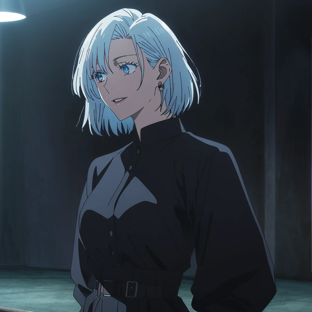1girl, female gojo satoru, anime screencap from jujutsu kaisen, gojo satoru female version, solo, short_hair, ((Blue eyes, round sunglasses)) ((Silver_hair, hair over ear from one side))((slicked hair)) , night view, (hanging breasts) upper_body, smile, indoors, parted lips, (short hair) ((wearing black colour outfit, glossy)) breast, "very detailed and high resolution" (Blue eyes, round sunglasses) ((solo)) (((front view))) (earings) ((high resolution)) ((good quality)) ((silky hair, hair over ear from one side))((hair slicked)) ((parted lips)) ((full body))
