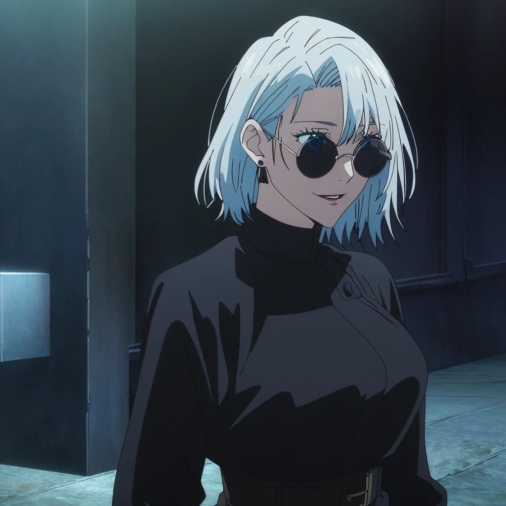 1girl, female gojo satoru, anime screencap from jujutsu kaisen, gojo satoru female version, solo, short_hair, ((Blue eyes, round sunglasses)) ((Silver_hair, hair over ear from one side))((slicked hair)) , night view, (hanging breasts) upper_body, smile, indoors, parted lips, (short hair) ((wearing black colour outfit, glossy)) breast, "very detailed and high resolution" (Blue eyes, round sunglasses) ((solo)) (((front view))) (earings) ((high resolution)) ((good quality)) ((silky hair, hair over ear from one side))((hair slicked)) ((parted lips)) ((full body))