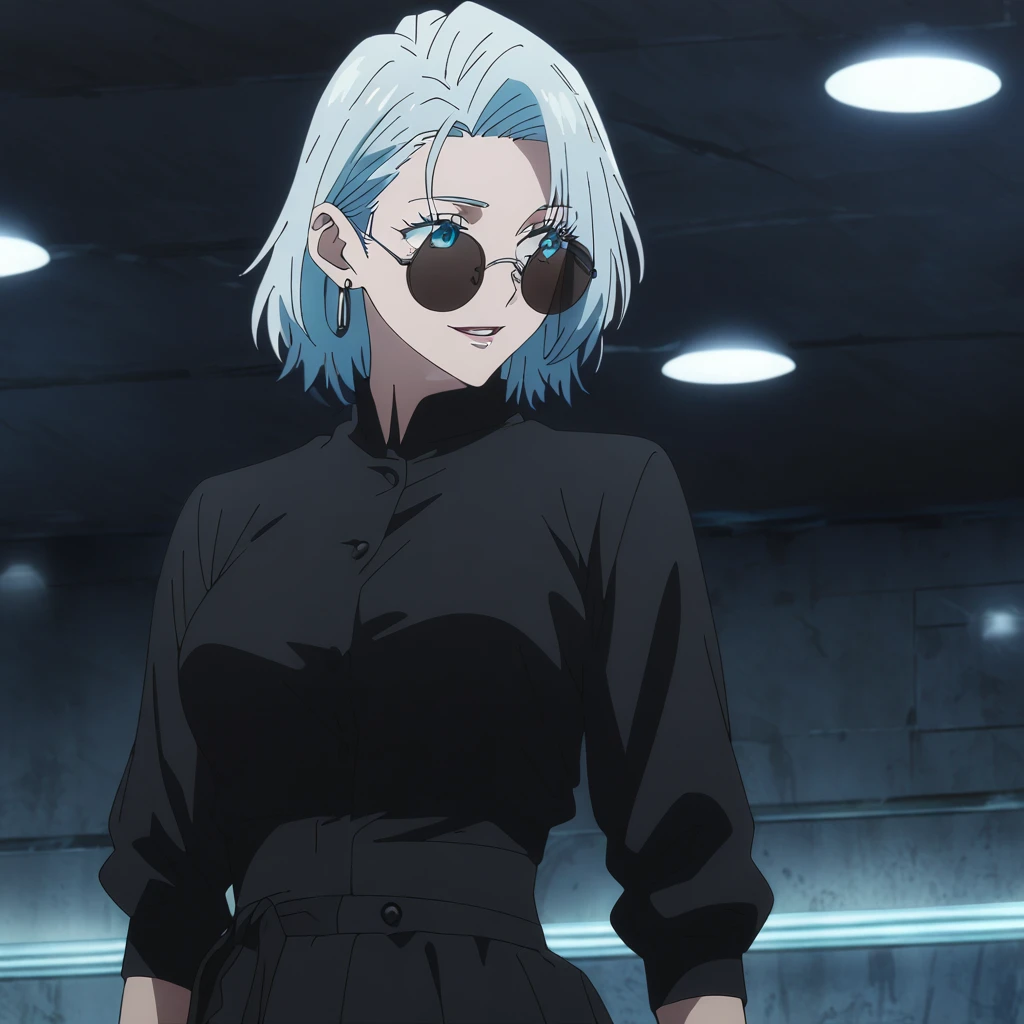 1girl, female gojo satoru, anime screencap from jujutsu kaisen, gojo satoru female version, solo, short_hair, ((Blue eyes, round sunglasses)) ((Silver_hair, hair over ear from one side))((slicked hair)) , night view, (hanging breasts) upper_body, smile, indoors, parted lips, (short hair) ((wearing black colour outfit, glossy)) breast, "very detailed and high resolution" (Blue eyes, round sunglasses) ((solo)) (((front view))) (earings) ((high resolution)) ((good quality)) ((silky hair, hair over ear from one side))((hair slicked)) ((parted lips)) ((full body))