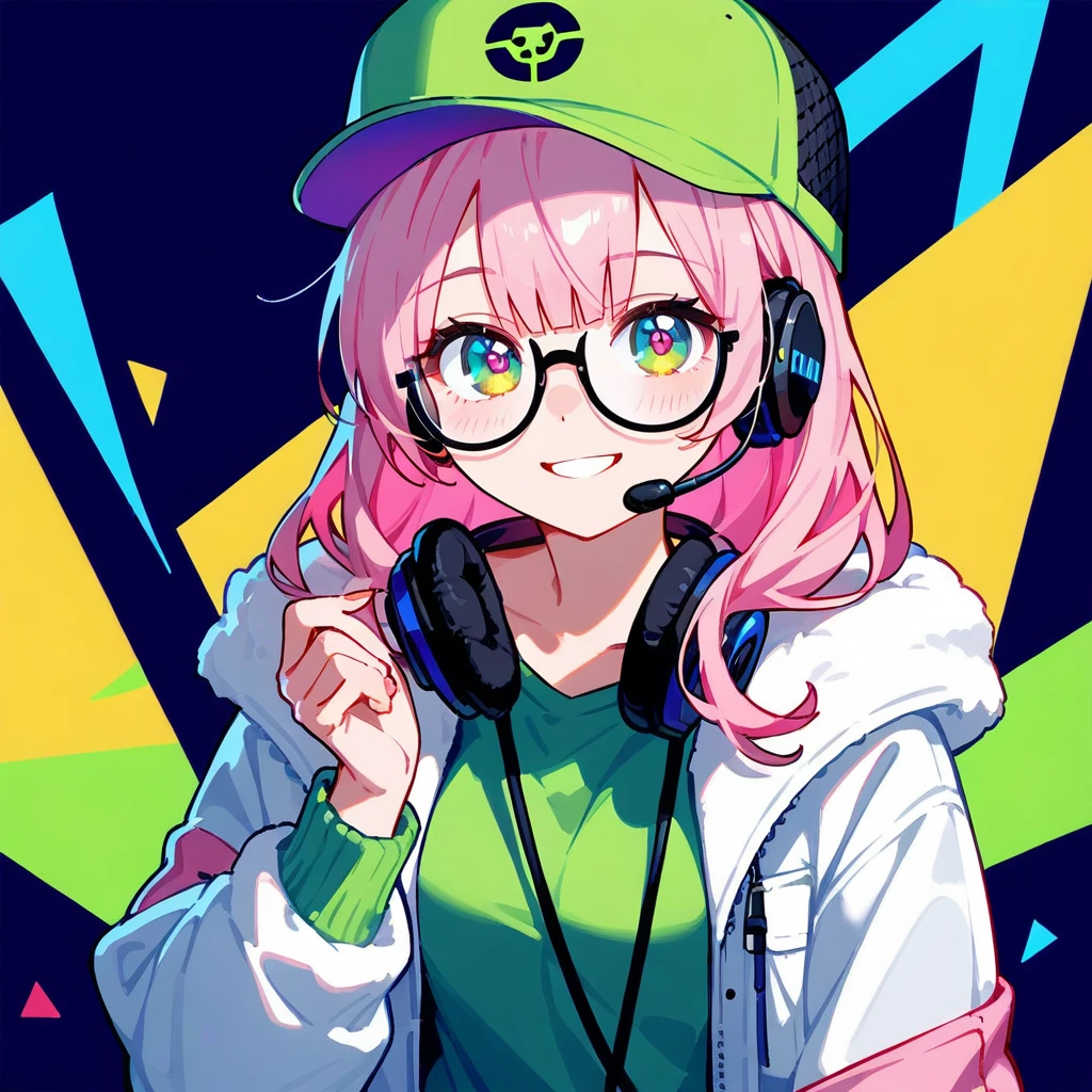 1girl, standing up, looking at viewer, hairstyle, gold rose accessories, green clothes, medium size breast, friendly, glasses, pale skin, gamer, cool, headset, Heartsteel style, pink hair, medium hair in front, long hair back, green clothes, pink coat, cool headset, rounded glasses, winged hat, gamer, 8k, humanization, looking at viewer, smile, attitude, solo, masterpiece, fully dressed, full resolution, high definition, portrait, cute eyes, cheerful, dynamic posse, elite, sneakers, pants