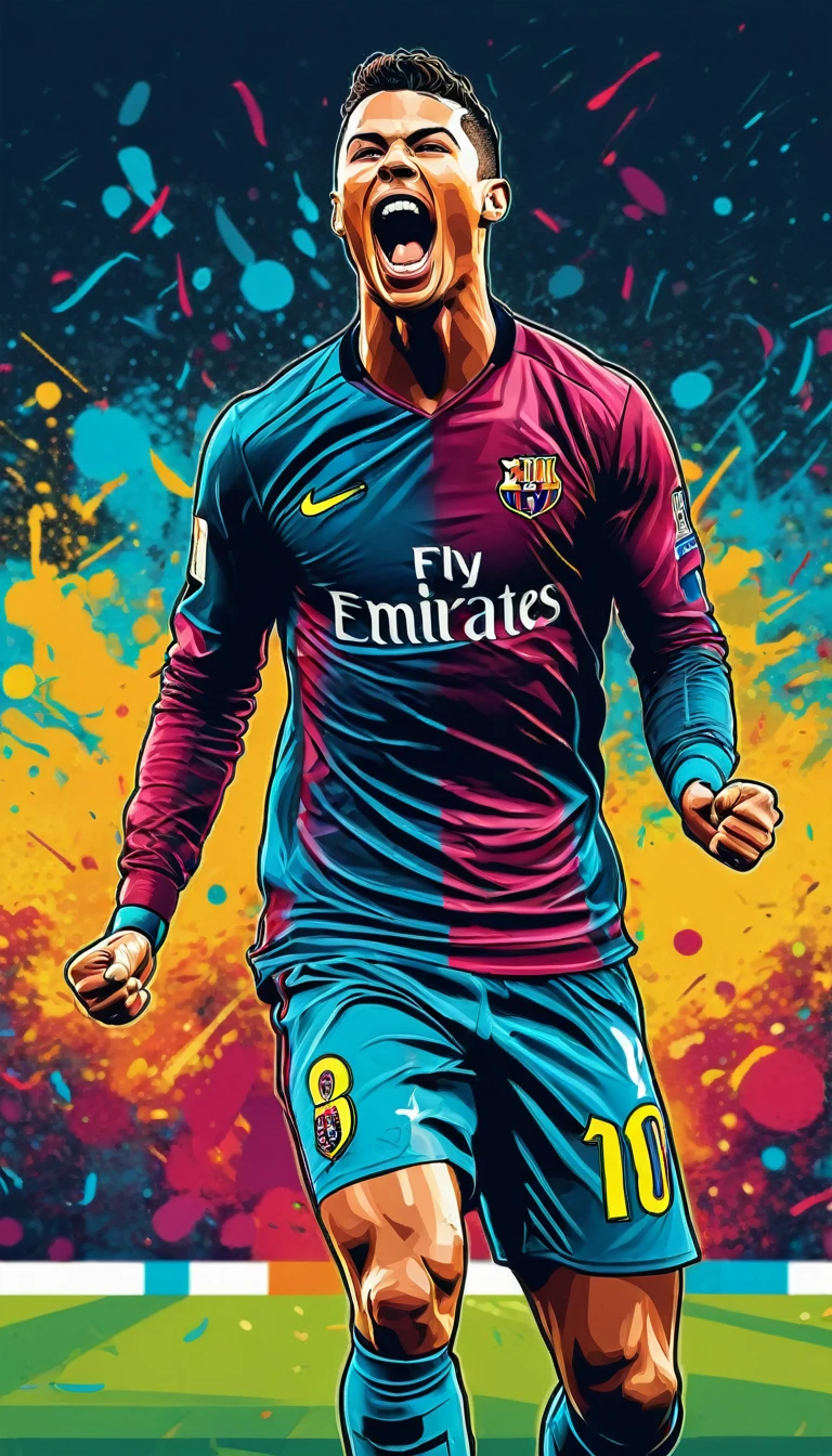A vivid image of a footballer celebrating a goal, shouting a goal with joy. Inspired by Víctor Manuel García Valdés, portrait of cristiano ronaldo, Neymar, Inspired by Nuno Gonsalves, detailed vector art, in digital illustration style, vectorial art.
