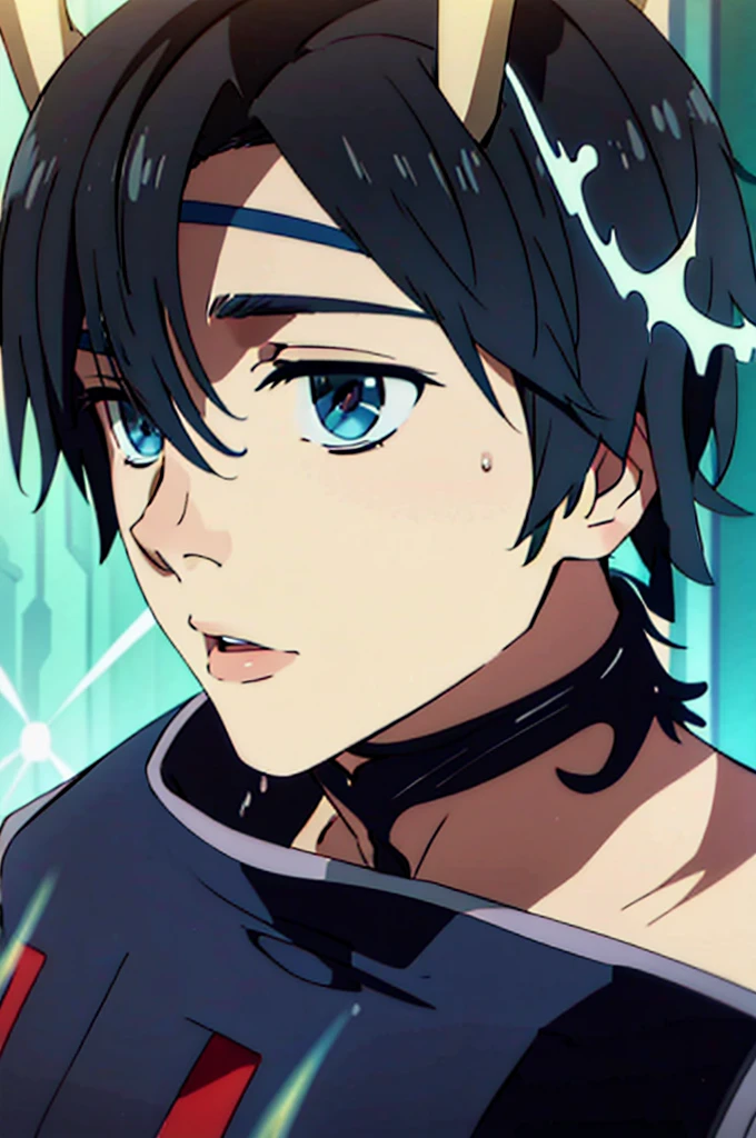 Anime boy, portrait shot, Blue eyes, medium length black hair, short blue horns on the head