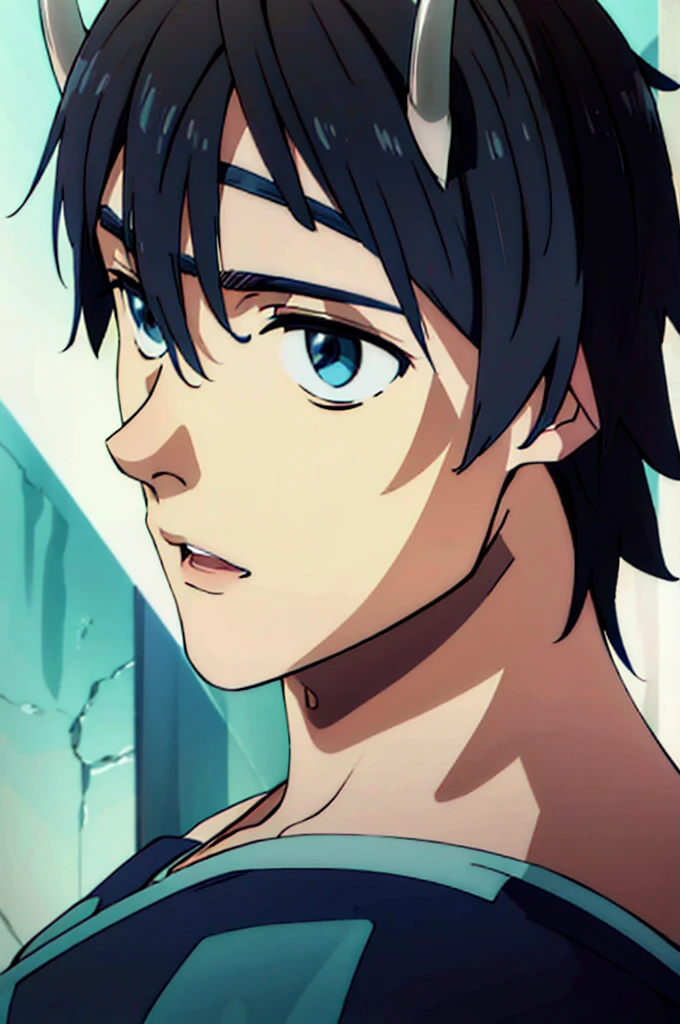 Anime boy, portrait shot, Blue eyes, medium length black hair, short blue horns on the head