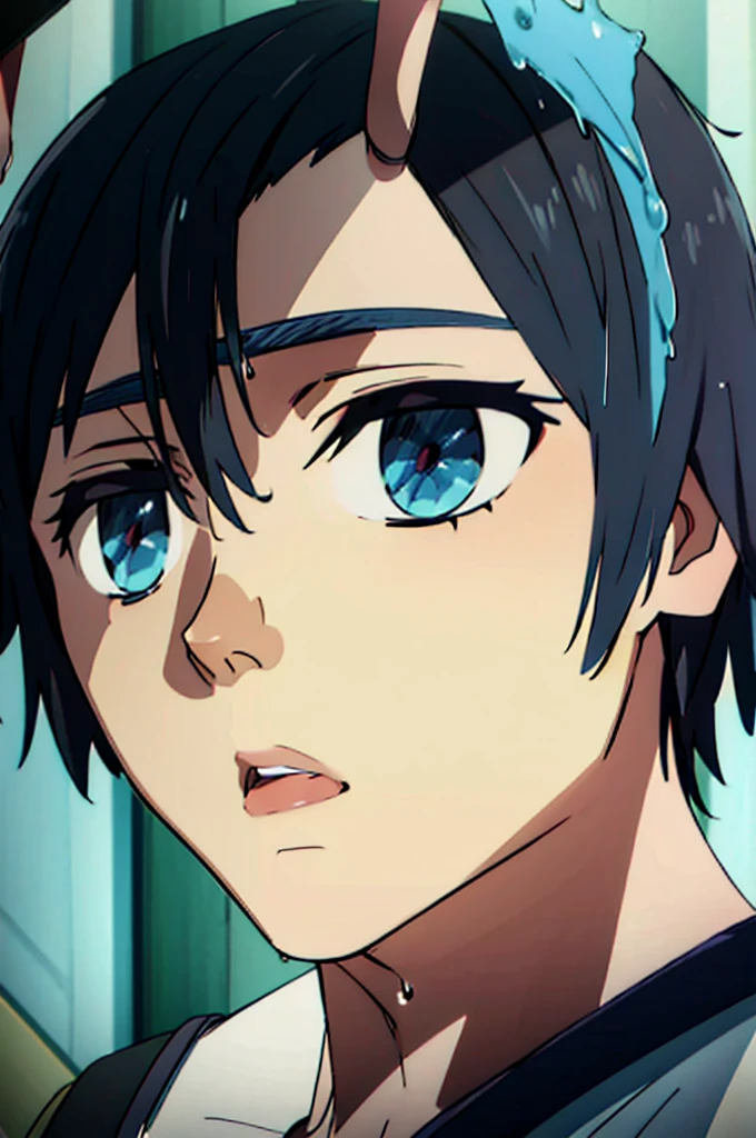 Anime boy, portrait shot, Blue eyes, medium length black hair, short blue horns on the head