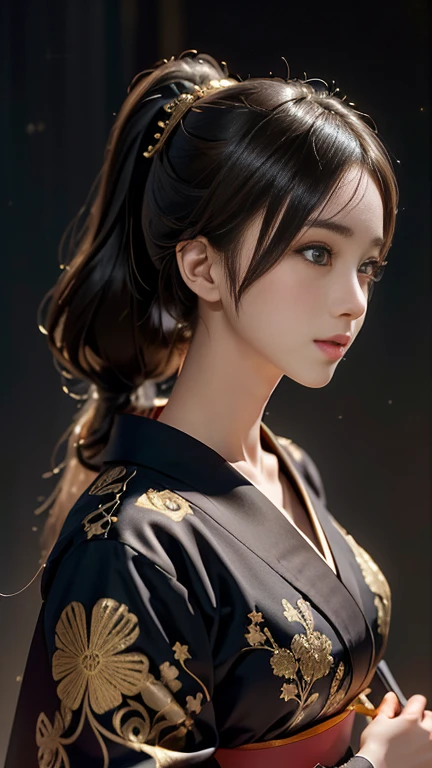 profile,To the audience,((Gazing at the audience)),Dark Backgroundにグーニオ(Kyoto、Starry sky background,Dark Background),Perfect hands、Woman with shiny black hair,((3D with 3D effect)),Cutting a ponytail、Beautiful costumes{High-end kimono(Colorful kimonos(Delicate gold embroidery,))}、Perfect Face,Depicting beautiful and elegant Japanese women。Hearts in eyes。 Wallpaper 8k, .Blur the background with a sickle,((Tabletop)), ((Highest quality)),{{Realistic}}