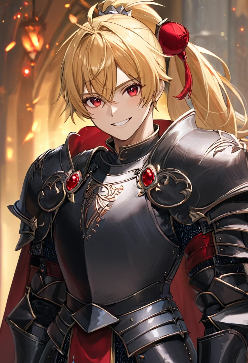 One boy half-elf, red ruby eyes, beautiful face, Long Ponytail blonde hair, Gray heavy paladin armor with scar, Smiling