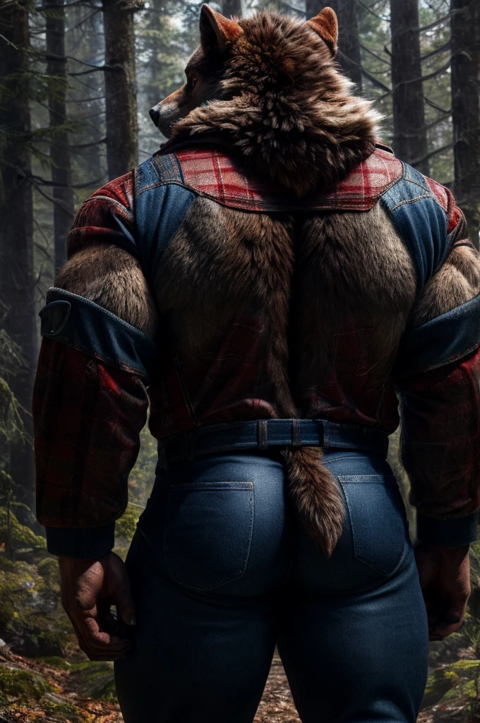 (full body shot), (realistic style), (furry), (humanoid), male wolf, full body brown fur, brown eyes, perfect muscular body, and biggest muscles, biggest pecs, biggest thighs, and biggest ass, wearing blue jeans and red plaid jacket, no shirt, realistic forest background, rear shot, brown wolf tail