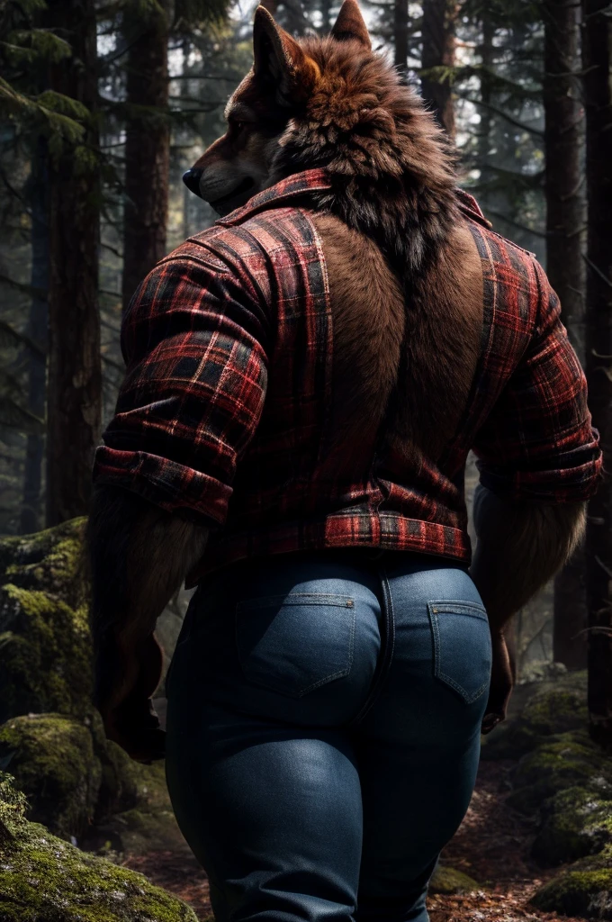 (full body shot), (realistic style), (furry), (humanoid), male wolf, full body brown fur, brown eyes, perfect muscular body, and biggest muscles, biggest pecs, biggest thighs, and biggest ass, wearing blue jeans and red plaid jacket, no shirt, realistic forest background, rear shot, brown wolf tail