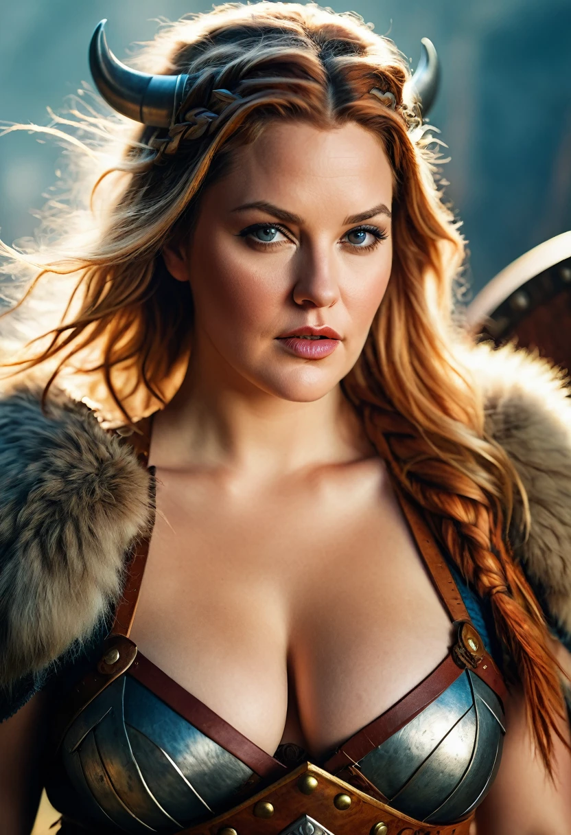 Looks like Drew Barrymore, A stunning intricate full color portrait of (sks woman:1) as (viking warrior), (barbarian), extremely seductive woman, busty outfit, perfect plus size Beauty, Barbarian warrior queen,  fluffy streax hair, styled hair, epic character composition, by ilya kuvshinov, alessio albi, nina masic, sharp focus, natural lighting, subsurface scattering, f2, 35mm, film grain, 