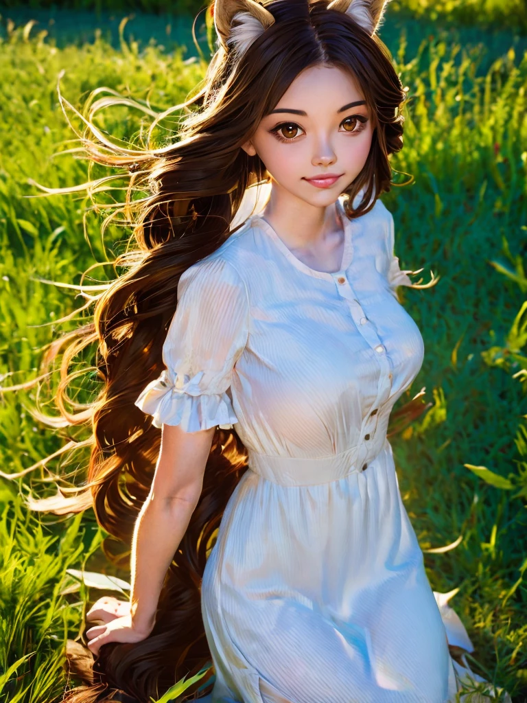 masterpiece,best quality, 1girl, solo, slight smile, slight smile, cherry, sunlight dapple, butterfly, grass animal ears,wolf ears,long hair, tail, wolf tail, red eyes, wolf girl,brown hair,,  