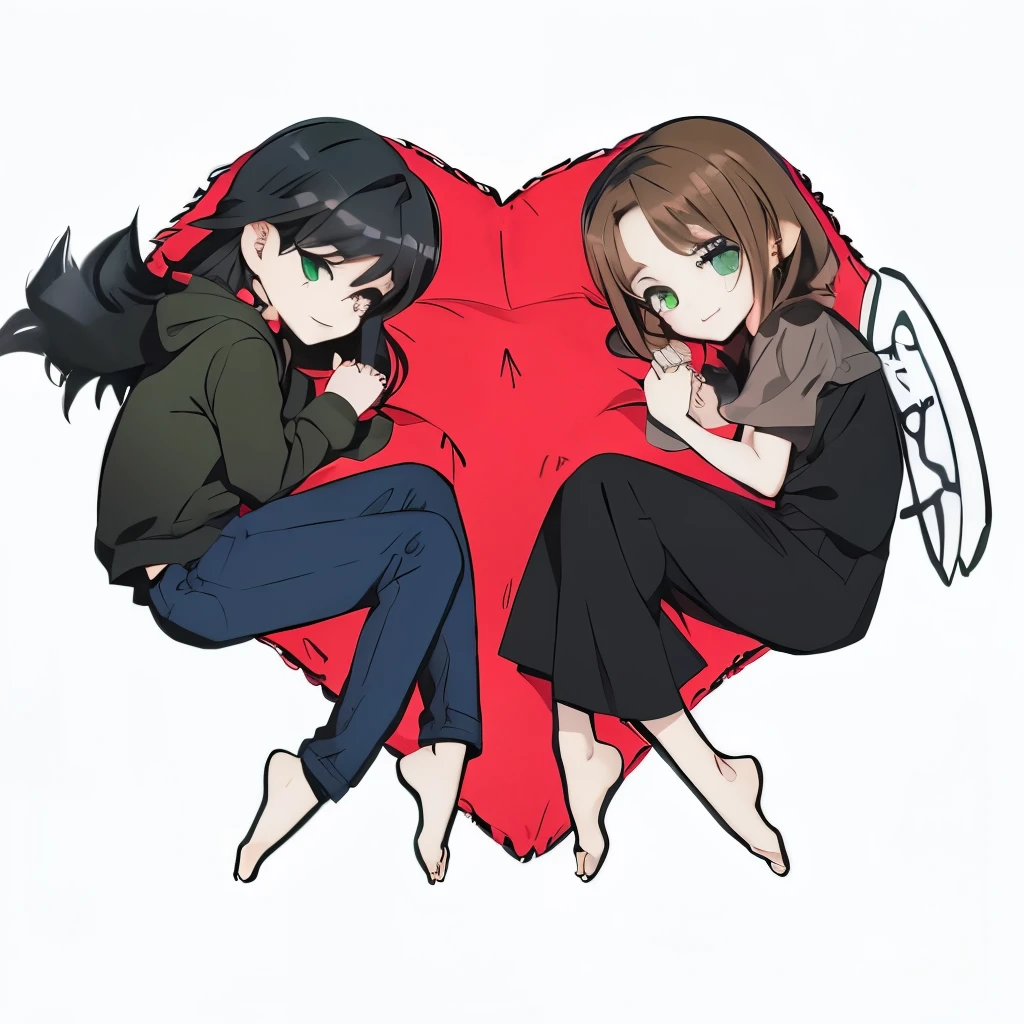 Anime style, chibi style, Couple, metalhead boy, Black long hair boy, green eyes, devil wings boy, Brown haired girl,