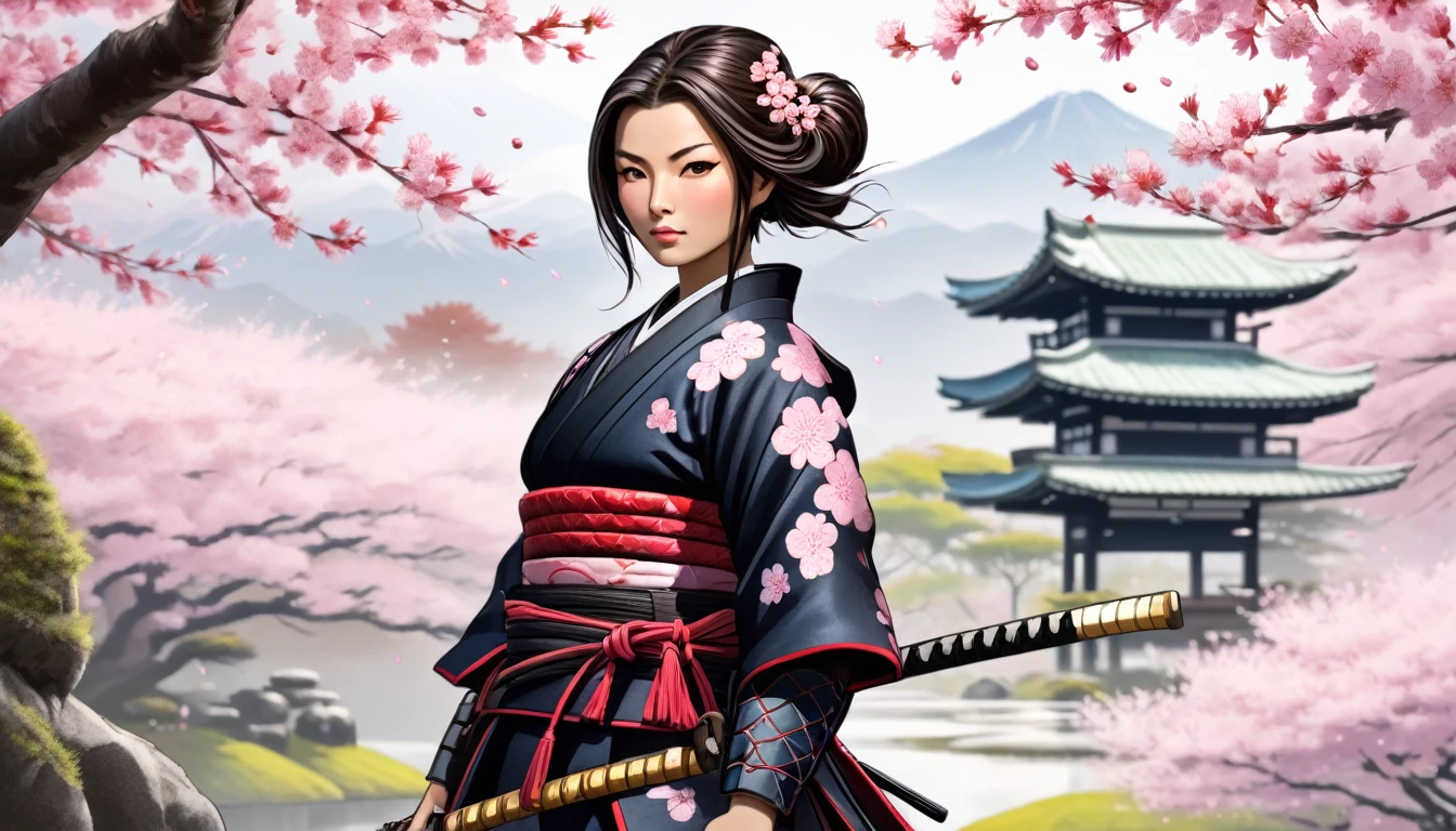 Female samurai,Background is cherry blossoms and Japanese garden