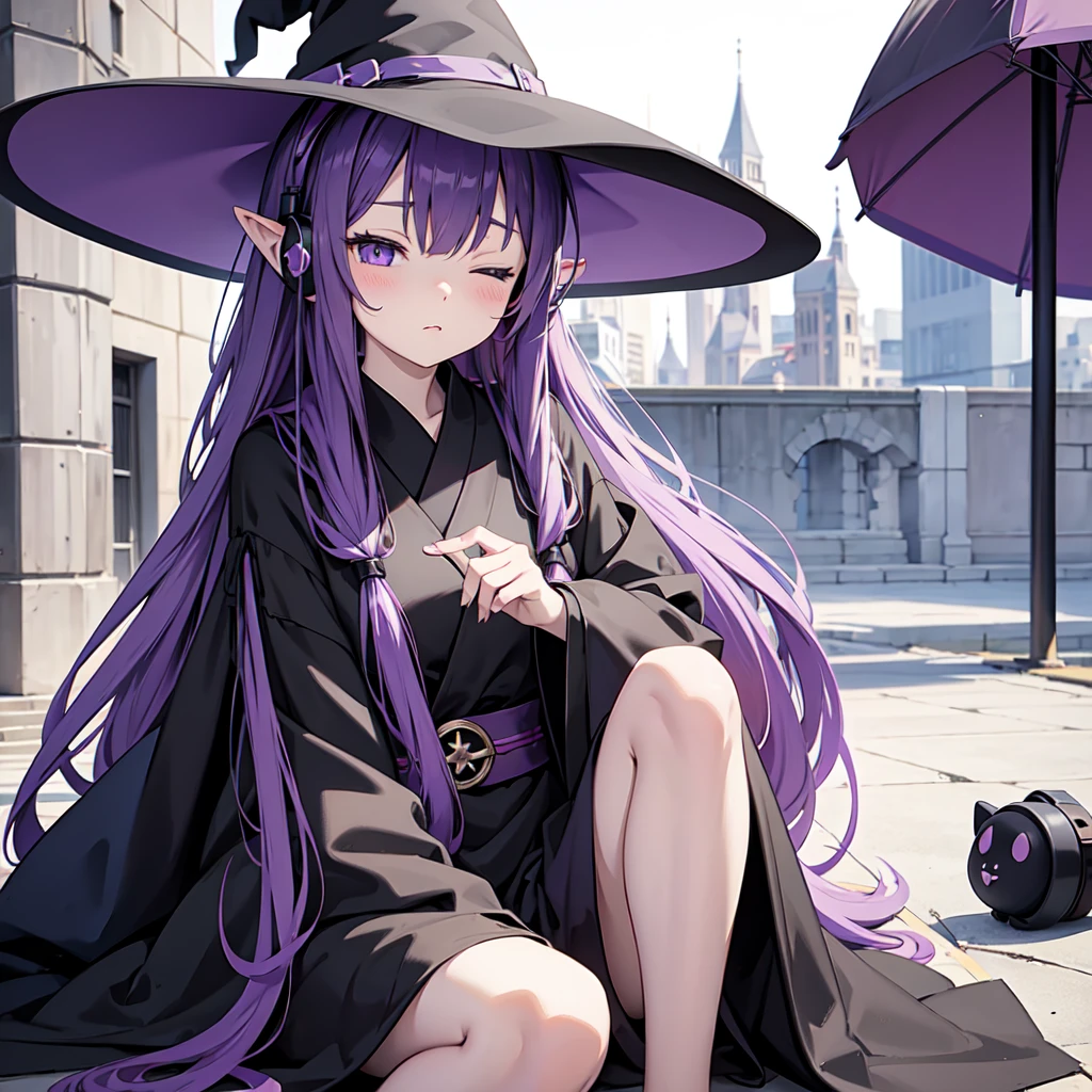1 person. Anime girl with long purple hair and black robe. Pointy ears. Cute as in manga. Sitting  with eyes closed. Headphones. Witch hat on the ground.