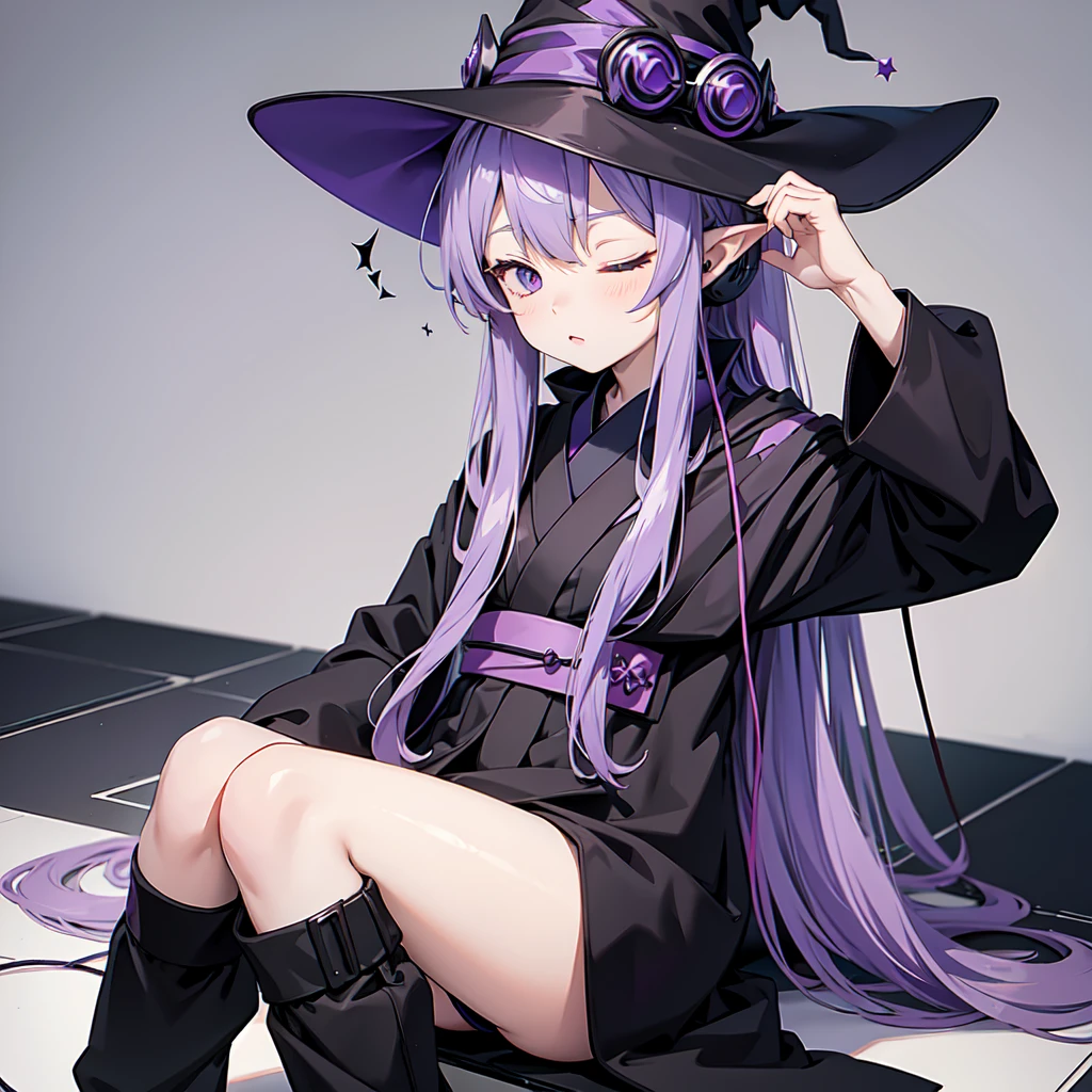 1 person. Anime girl with long purple hair and black robe. Pointy ears. Cute as in manga. Sitting  with eyes closed. Headphones. Witch hat on the ground.