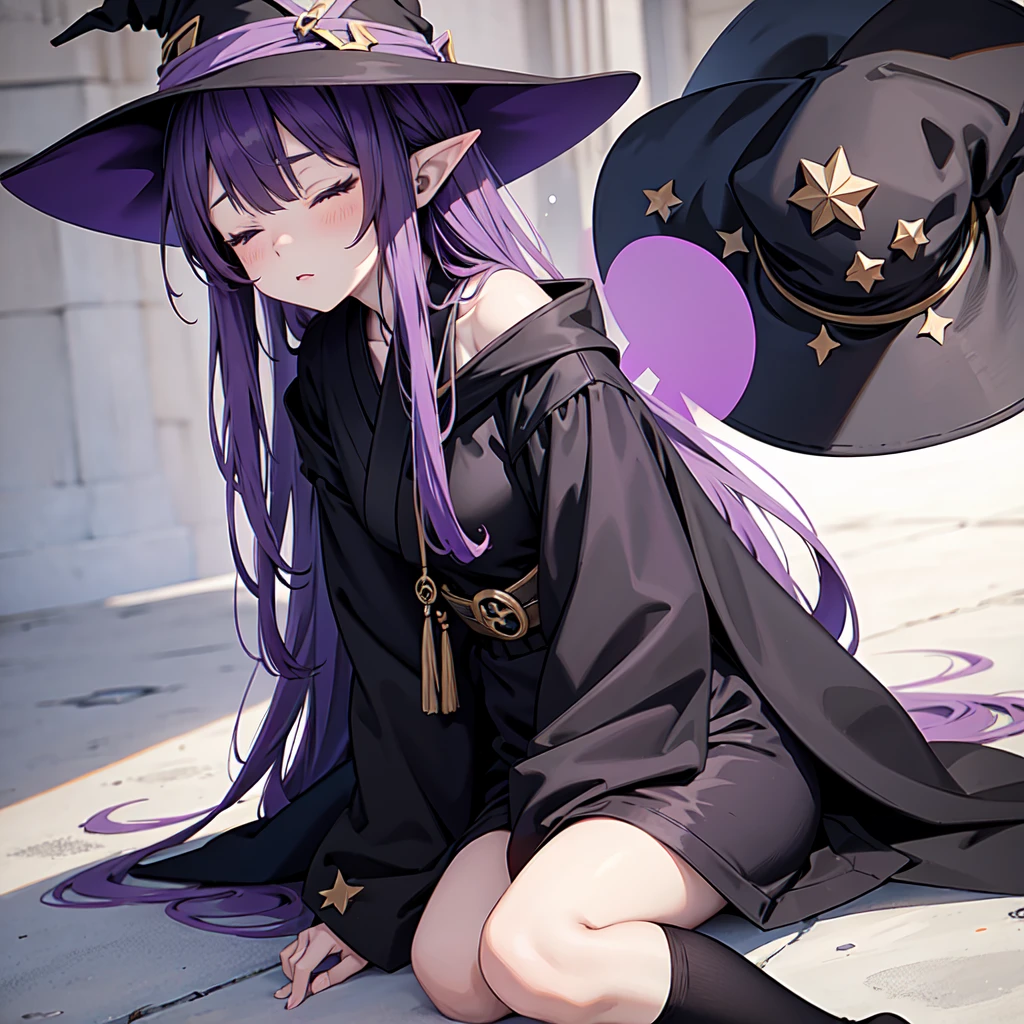 1 person. Anime girl with long purple hair and black robe. Pointy ears. Cute as in manga. Sitting with eyes closed. Headphones. Witch hat on the ground.