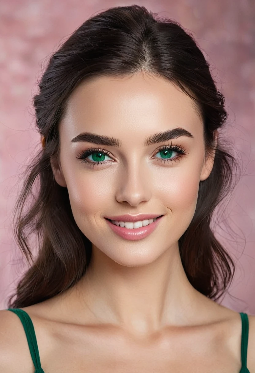 Create a portrait of (((Nógrády Dia))), a stunning 22-year-old Hungarian woman. She has fair, glowing skin, high cheekbones, and a perfectly symmetrical face. Her deep emerald green eyes are framed by long, dark lashes and well-defined eyebrows. Dia's chestnut brown hair flows in soft waves down her back. Her full, pink lips are often curved into a gentle smile. She exudes beauty, kindness, and intellect. The background should be softly blurred to keep the focus on her face, with natural lighting enhancing her features.