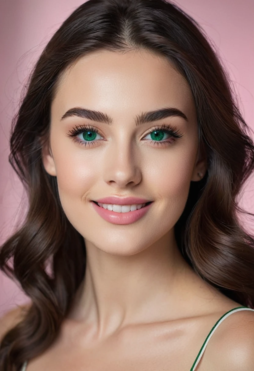 Create a portrait of (((Nógrády Dia))), a stunning 22-year-old Hungarian woman. She has fair, glowing skin, high cheekbones, and a perfectly symmetrical face. Her deep emerald green eyes are framed by long, dark lashes and well-defined eyebrows. Dia's chestnut brown hair flows in soft waves down her back. Her full, pink lips are often curved into a gentle smile. She exudes beauty, kindness, and intellect. The background should be softly blurred to keep the focus on her face, with natural lighting enhancing her features.