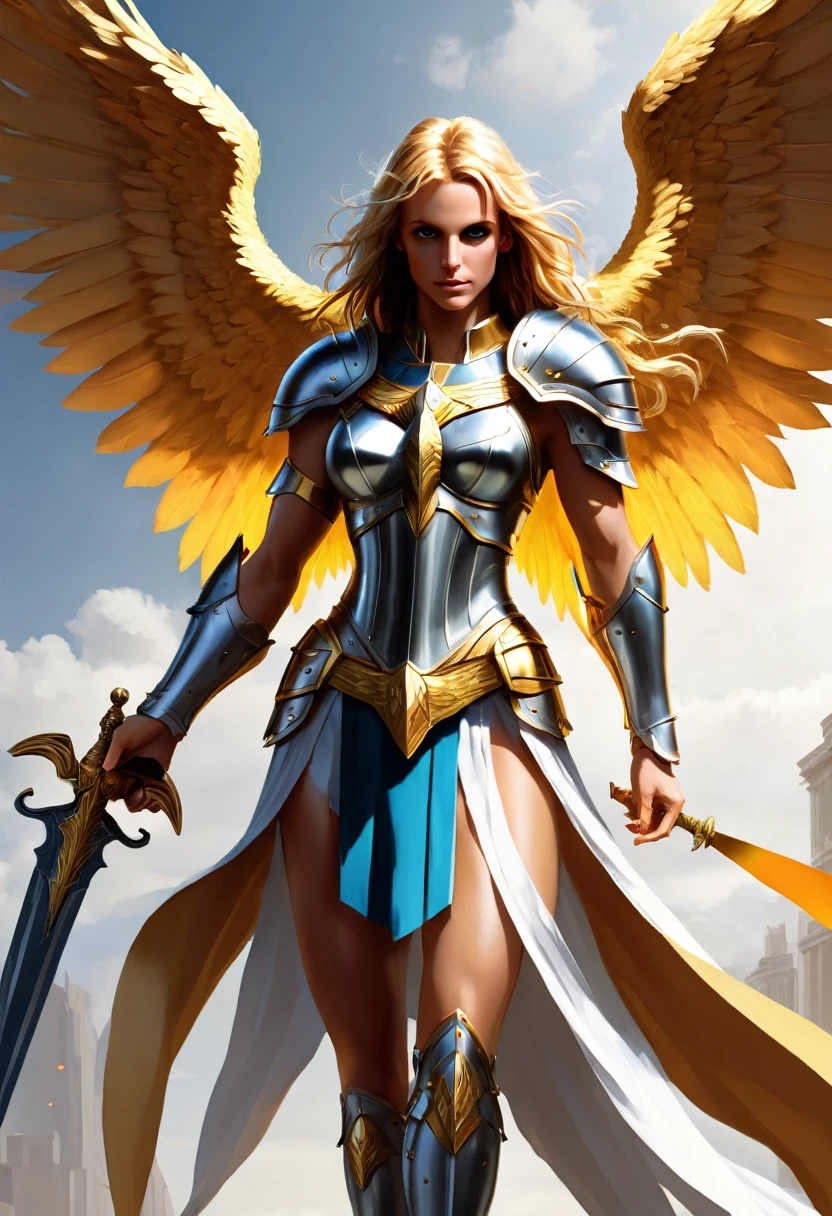 A Britney launches superhero with wings and a sword, lord of change, valkyrie style character, knights of the zodiac, like a mystical valkyrie, mystical atlantean valkyrie, phoenix warrior, archangel, new costume concept design, Comic character design, offcial art do personagem, of the angel knight, coloured lineart, harpy, Design de personagem de fully body melhor qualidade, masterpiece best quality, realisitic, realisitic, award-winning illustration, (Highly detailed face and skin texture), (fully body), (Complicated Detail: 1.2), (finely detail), (Complicated Detail), (Cinematic Lights, better quality backlight), Sharp lines, sharp focus, offcial art, unity wallpaper 8k , absurdrez, unbelievably absurd, huge filesize, Ultra Girl , Fantasyart, RTX,((Closing photo by award-winning studio)), , (Close your mouth), , perfect hands, beautiful detailed eyes, face perfect