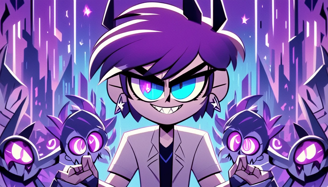 HazbinStyle, a cartoon character boy in e-sports player style with blue and purple tones