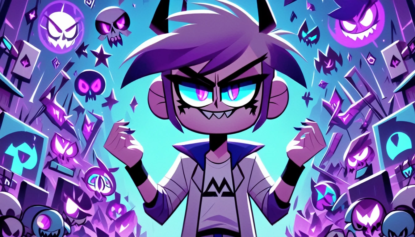 HazbinStyle, a cartoon character boy in e-sports player style with blue and purple tones