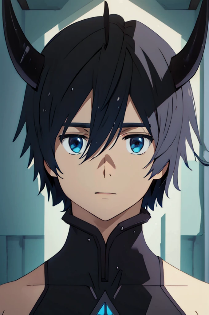 Anime boy, portrait shot, Blue eyes, medium length black hair, short blue horns on the head