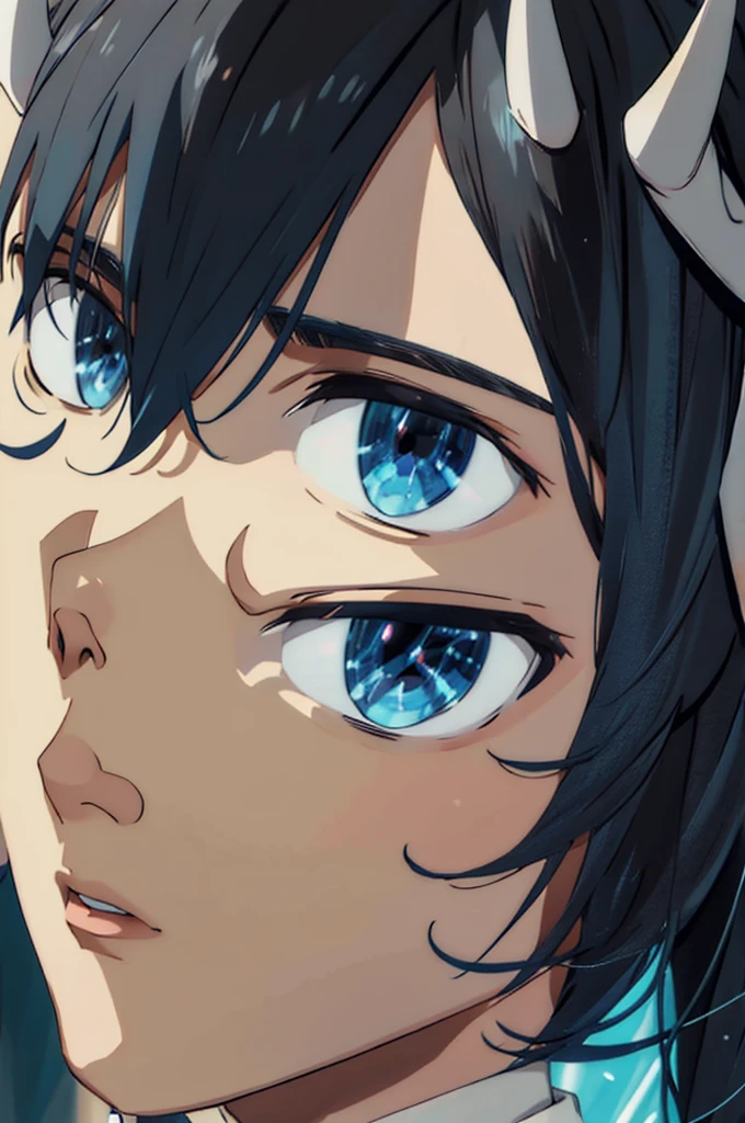 Anime boy, portrait shot, Blue eyes, medium length black hair, short blue horns on the head