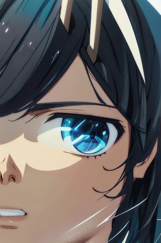 Anime boy, portrait shot, Blue eyes, medium length black hair, short blue horns on the head