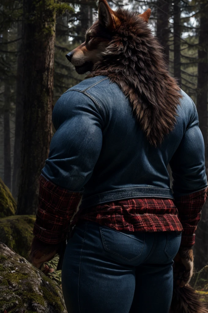 (full body shot), (realistic style), (furry), (humanoid), male wolf, full body brown fur, brown eyes, perfect muscular body, and biggest muscles, biggest pecs, biggest thighs, and biggest ass, wearing blue jeans and red plaid jacket, no shirt, realistic forest background, rear shot, biggest brown wolf tail