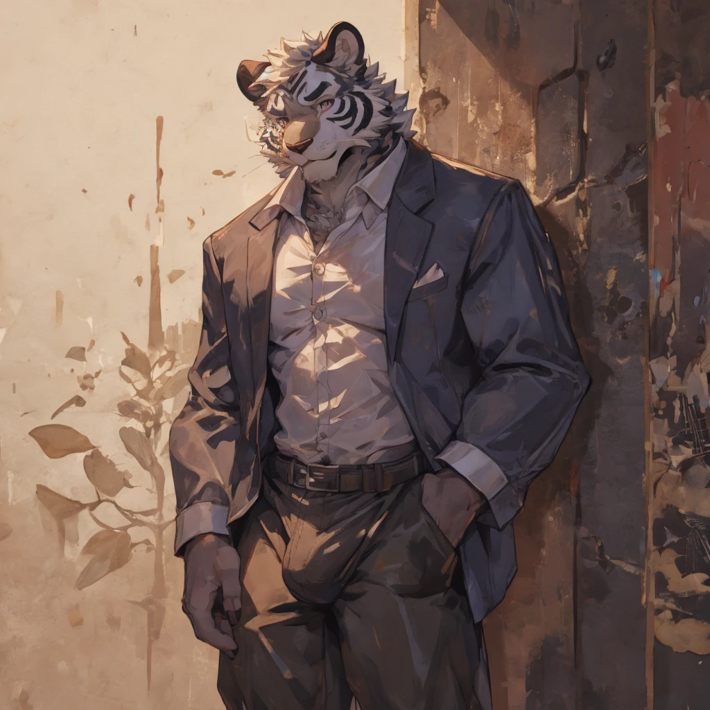 {{bara extremely handsome white tiger student,}} {{white fur,}} white, wearing  blazer, trousers, white dress shirt and necktie, white fluffy furry body and limbs, loafers, very tall, very broad shoulders, narrow waist, muscular arms, massive pecs, purple eyes, very long legs, massive bulge, sophisticated hot look, 3/4 view, best quality, leaning on wall, high detail, CG image, character splash art, silver earring on left ear, sultry smirk