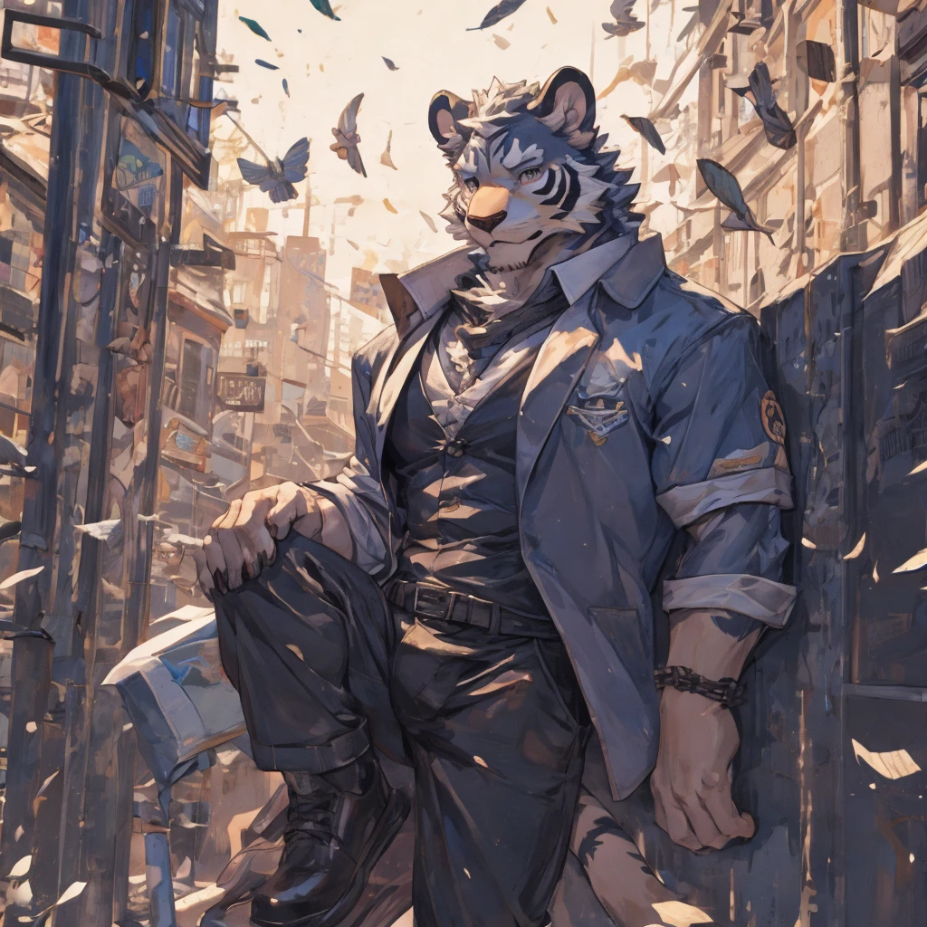 {{bara extremely handsome white tiger student,}} {{white fur,}} white, wearing blazer, trousers, white dress shirt and necktie, white fluffy furry body and limbs, loafers, very tall, very broad shoulders, narrow waist, muscular arms, massive pecs, purple eyes, very long legs, massive bulge, sophisticated hot look, 3/4 view, best quality, leaning on wall, high detail, CG image, character splash art, silver earring on left ear, sultry smirk