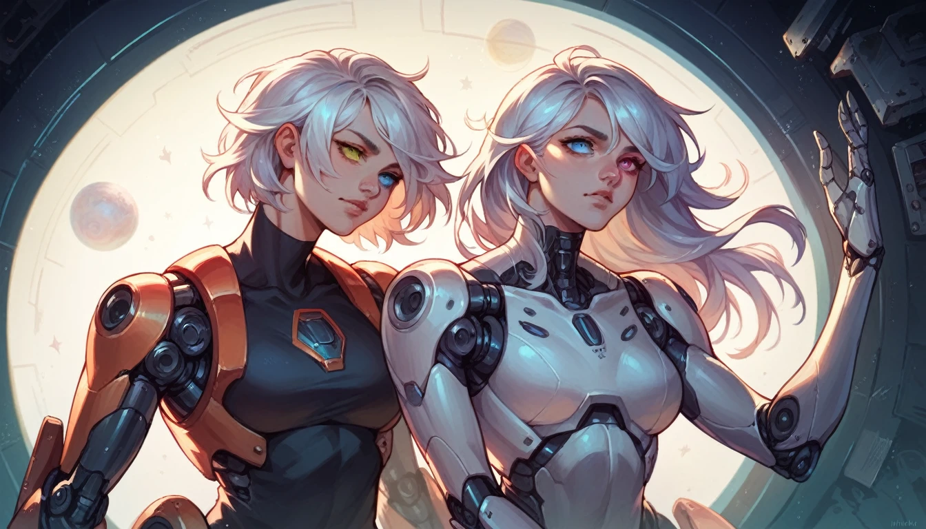 beauty, Girl, mechanical parts, in the space, Hyperrealistic details, volumetric lighting, high quality, minute details, silver hair, heterochromia one eye pink and the other white,